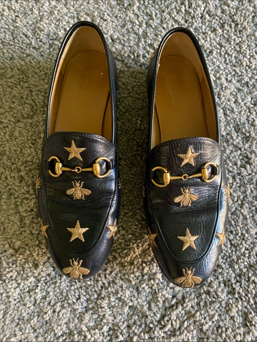 Gucci Black Leather Loafers with Gold Embroidered Stars & Bees - Picture 1 of 5